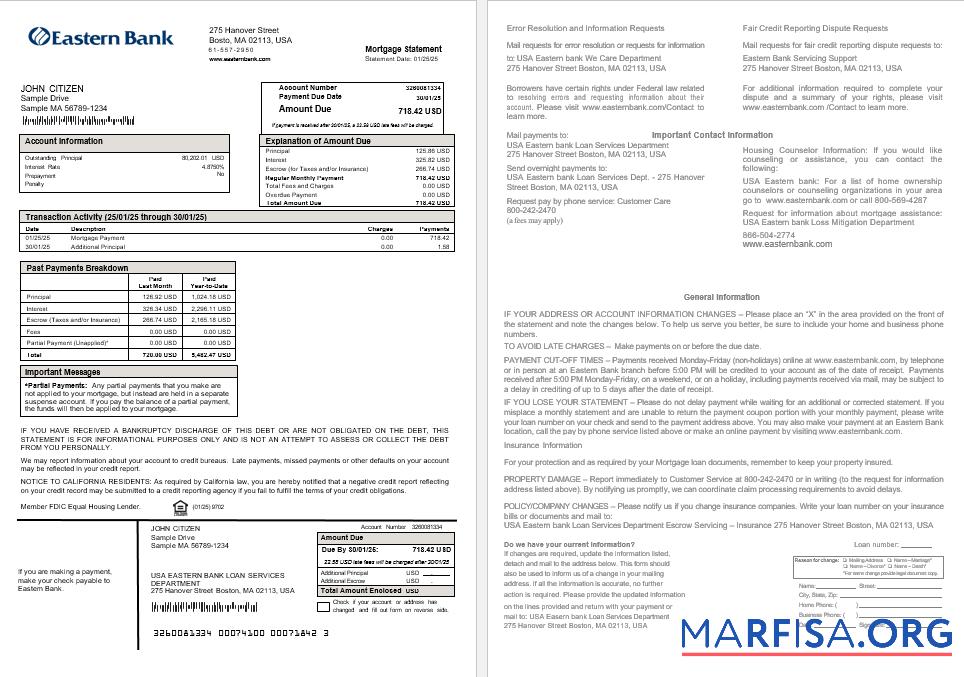 Printable USA Eastern Bank mortgage statement in Word and PDF formats real example